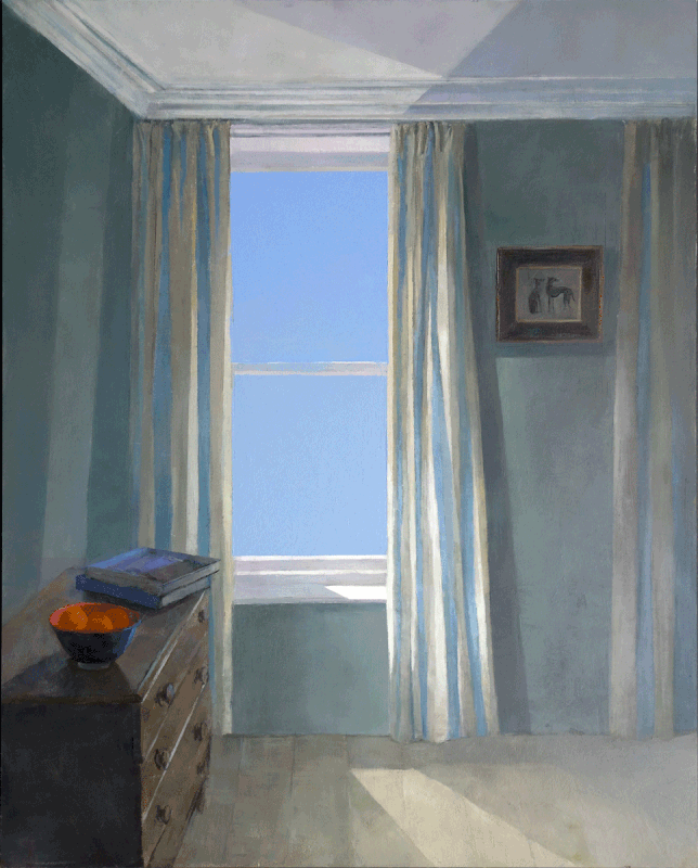 Blue sky through window 'last of summer light' oil painting